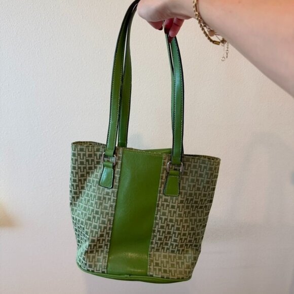 Vintage Tommy Hilfiger Y2K Monogrammed Jacquard Leather Trim Green Tote Bag - Picture 1 of 7